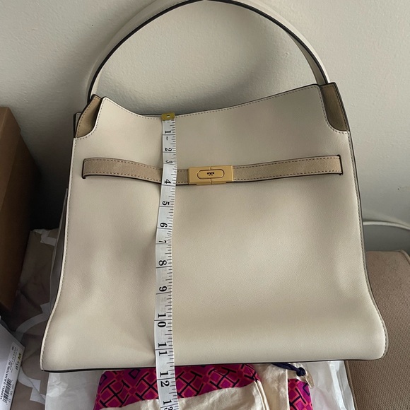 Tory Burch Small Lee Radziwill Leather and Suede Double Bag in Cream - Picture 12 of 15